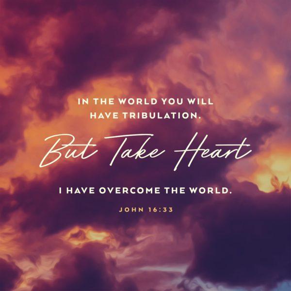 In the world you will have tribulation. But take heart; I have overcome the world. – John 16:33