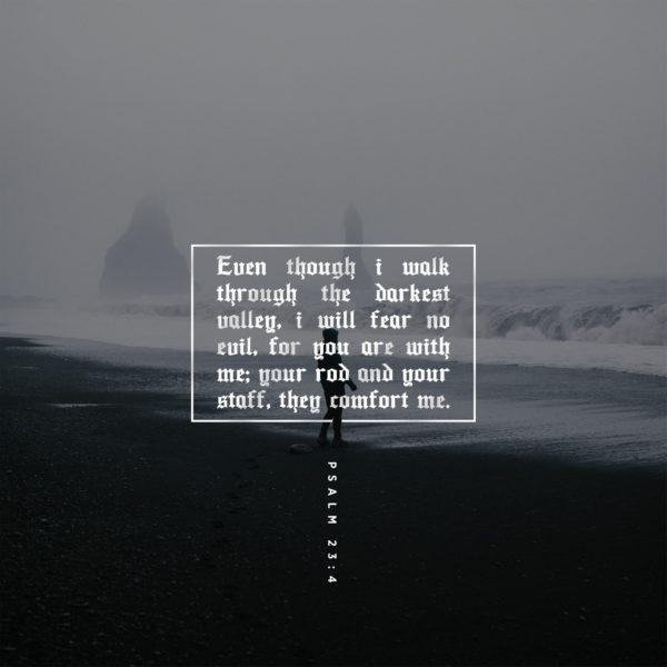 Even though I walk through the darkest valley, I will fear no evil, for you are with me; your rod and your staff, the...