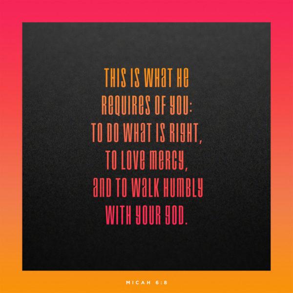 This is what he requires of you: to do what is right, to love mercy, and to walk humbly with your God. – Micah 6:8