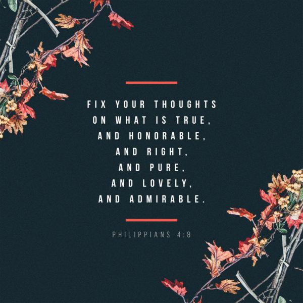 Fix your thoughts on what is true, and honorable, and right, and pure, and lovely, and admirable. – Philippians...