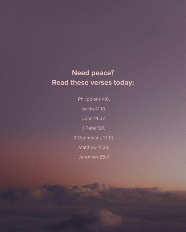 Need peace? Read these verses today: Philippians 4:6, Isaiah 41:10, John 14:27, 1 Peter 5:7, 2 Corinthians 12:10, Mat...