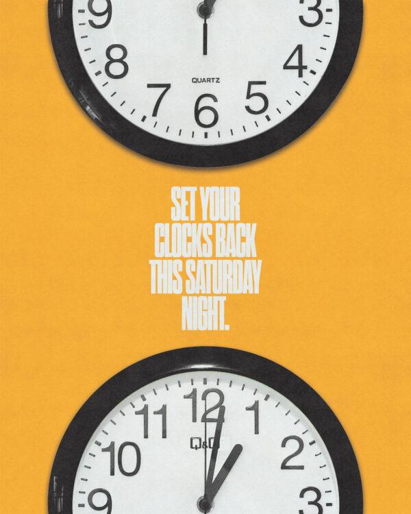 Set your clocks back this Saturday night!