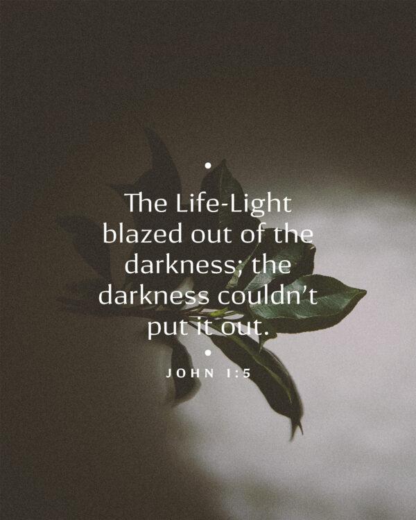 The Life-Light blazed out of the darkness; the darkness couldn’t put it out. – John 1:5