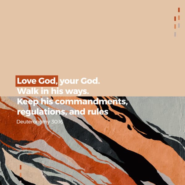 Love God, your God. Walk in his ways. Keep his commandments, regulations, and rules – Deuteronomy 30:16
