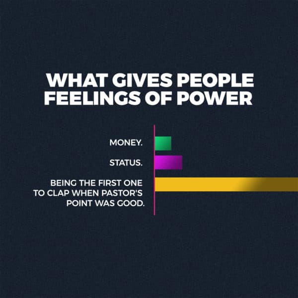 What gives people feelings of power. Money. Status. Being the first one to clap when Pastor’s point was good.